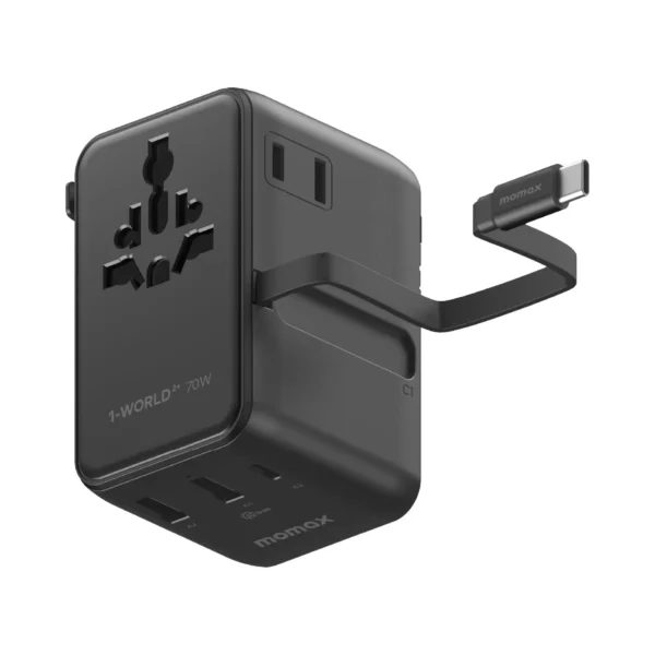 Momax UA30 1-World²⁺ 70W 3-Port Dual AC Travel Adapter with Built-In Retractable Cable